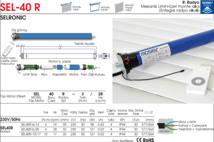 Mosel SEL 40 R Radyo Alıcılı Tüp Motor Teknik Tablo