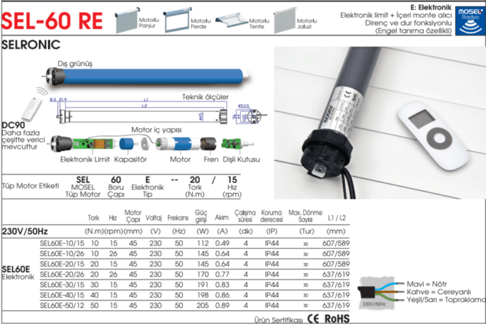 Mosel Sel 60 E Radyo Alıcılı ve Engel Tanıma Özellikli Tüp Motor Teknik Bilgi Tablosu