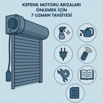 Kepenk motoru arızalarını önlemek için 7 uzman tavsiyesi içeren bilgilendirici görsel